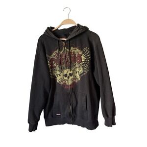 VTG Y2K Dickies Hoodie Mens Large Black Skull Graphic Fleece Sweatshirt Biker